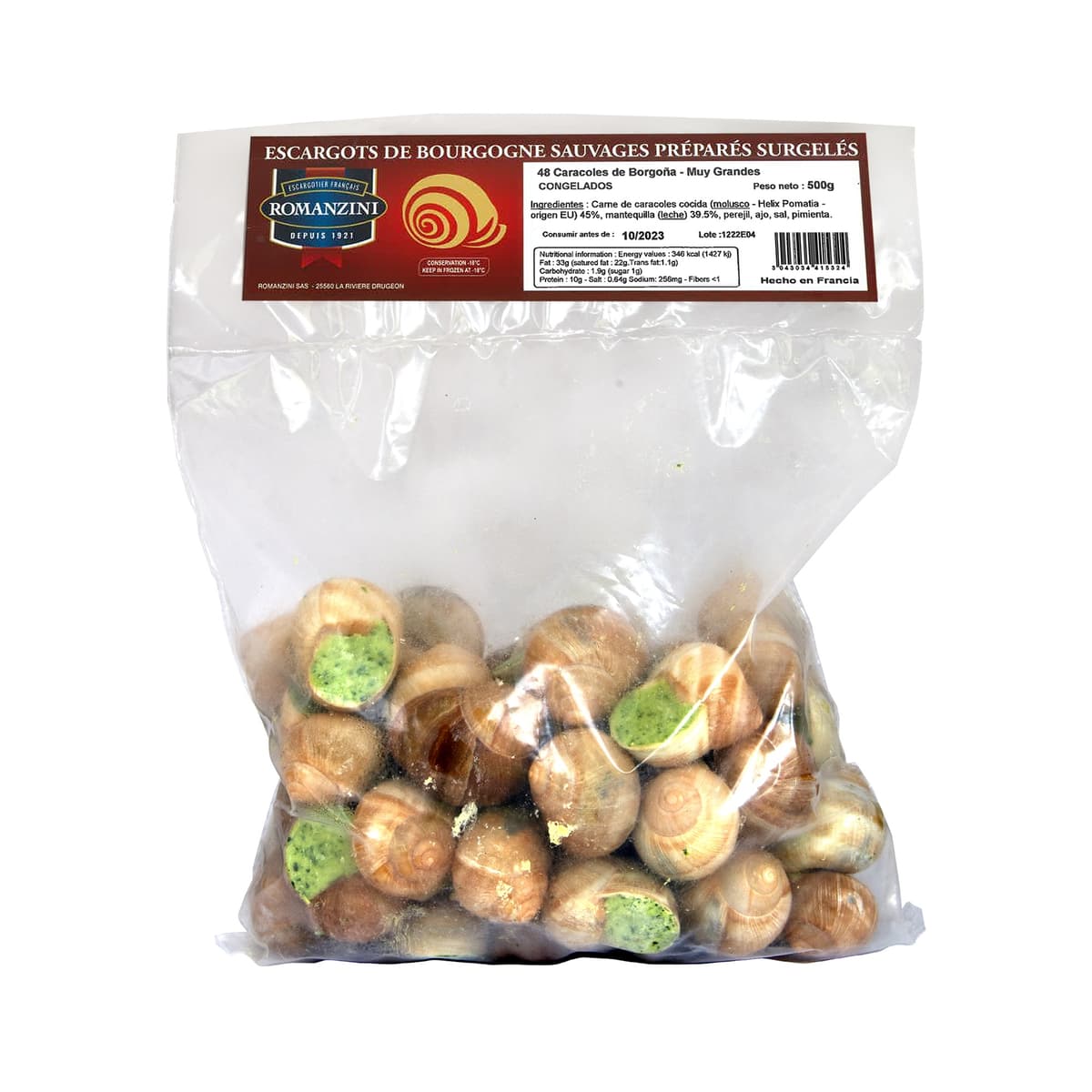 Escargots Congelados Preparados en su Concha con 48 piezas Romanzini - Bolsa Paquete 500 g