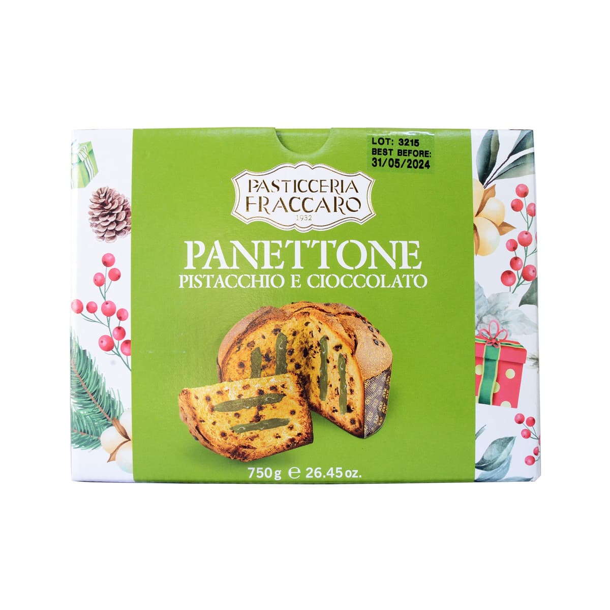 Panettone con Crema Pistache y Chispas Chocolate Pasticceria Fraccaro - Caja 750 g