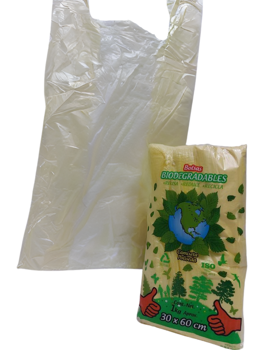 Bolsa de camiseta poliseda biodegradable No. 3 (30x60 cm) Funsam de 1 kg
