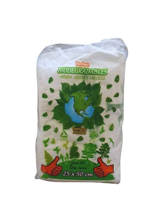 Bolsa de camiseta blanca poliseda biodegradable con diseño No. 0 (19x33 cm) Funsam de 1 kg