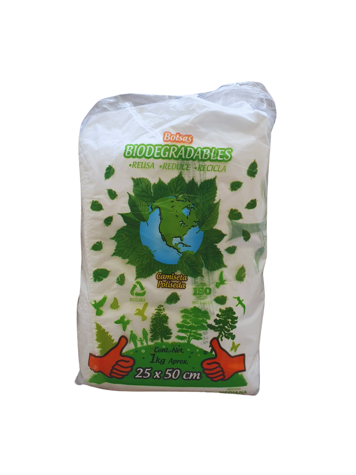 Bolsa de camiseta blanca poliseda biodegradable con diseño No. 3 (30x60 cm) Funsam de 1 kg