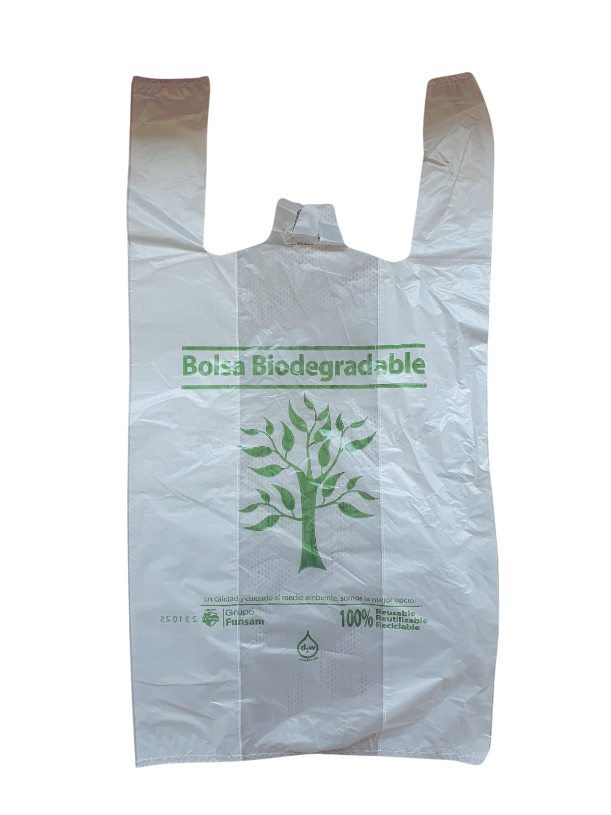 Bolsa de camiseta blanca poliseda biodegradable con diseño No. 3 (30x60 cm) Funsam de 1 kg