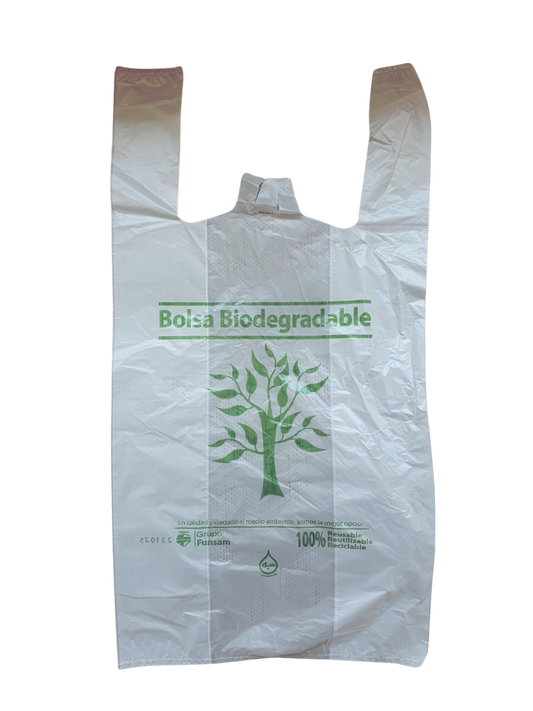 Bolsa de camiseta blanca poliseda biodegradable con diseño No. 3 (30x60 cm) Funsam de 1 kg
