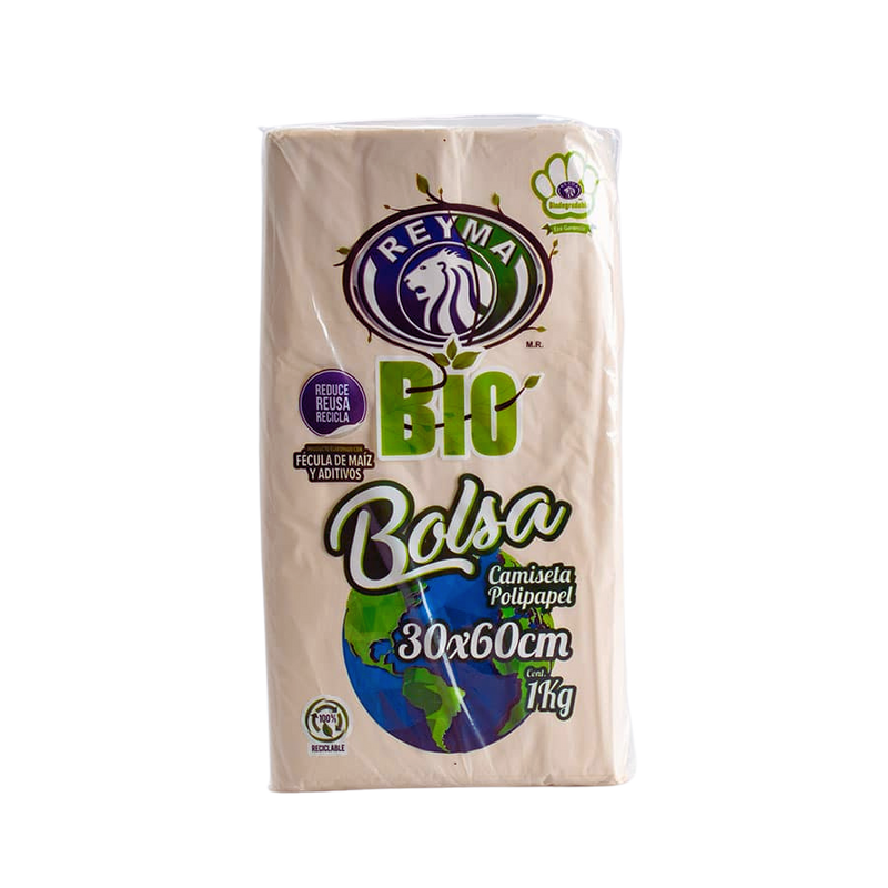 Bolsa de camiseta de polipapel biodegradable No. 3 (30x60 cm) Reyma de 1 kg