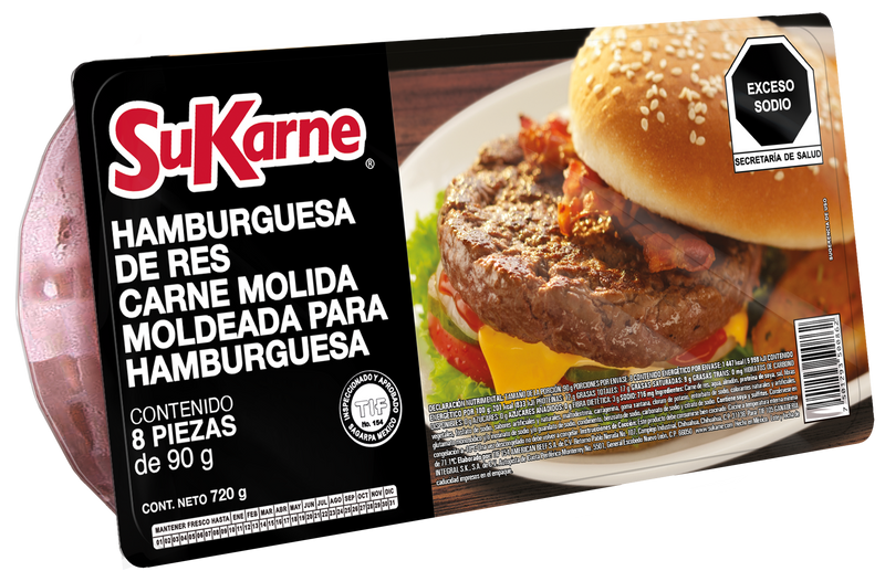 Carne de Res para Hamburguesa Fina SuKarne, Caja con 24 Paquetes de 720g