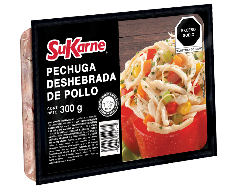 Pechuga de Pollo Deshebrada SuKarne, Caja con 15 Paquetes de ~300g