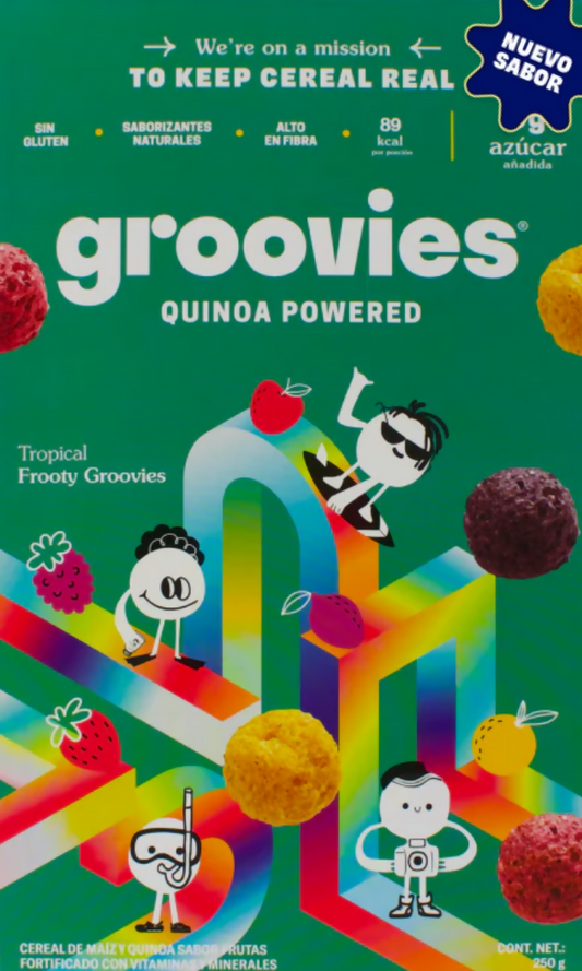 Groovies Cereal de Quinoa Bajo en Azúcar – Caja de 250 gr. Sabor Tropical Frooty Groovies