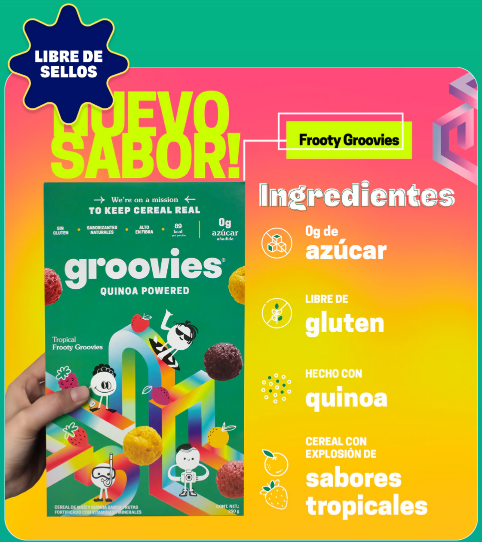 Groovies Cereal de Quinoa Bajo en Azúcar – Caja de 250 gr. Sabor Tropical Frooty Groovies