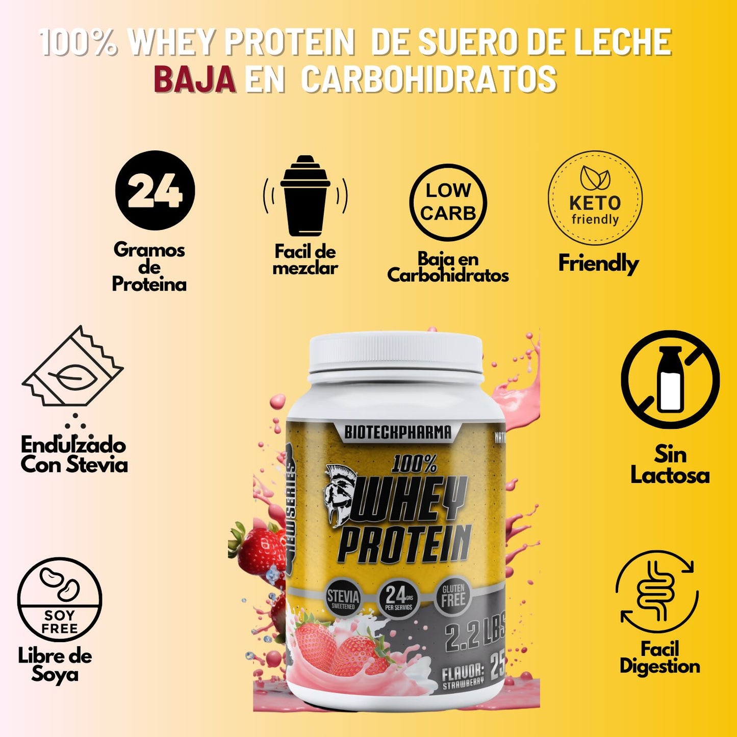 BIOTECKPHARMA| 100% Whey Protein Suero de Leche en Polvo | 2.20 lb (1000 gr) | 24 gr de proteína por porción | Sin Azúcar Añadida | 25 porciones |