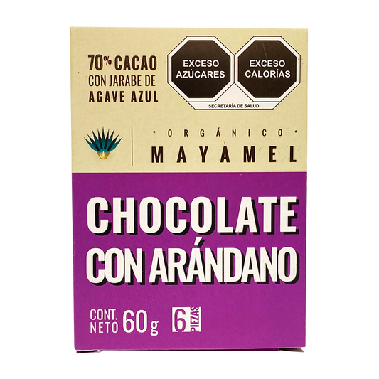 Chocolate Artesanal 70% Cacao con Arándano endulzado con jarabe de agave. Sin Gluten, sin azúcar, sin conservadores ni lácteos.