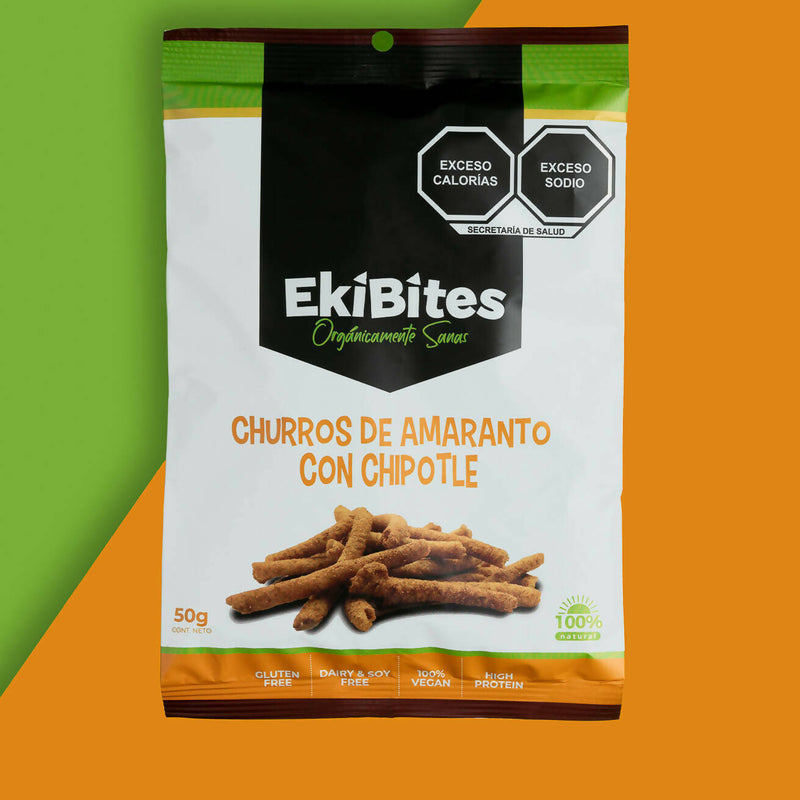 EKIBITES - Churro de amaranto con chipotle (50g c/u) Caja con 40 paquetes