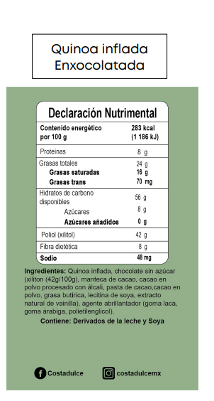 Quinoa Inflada Cubierta de Chocolate Sin Azúcar 50g