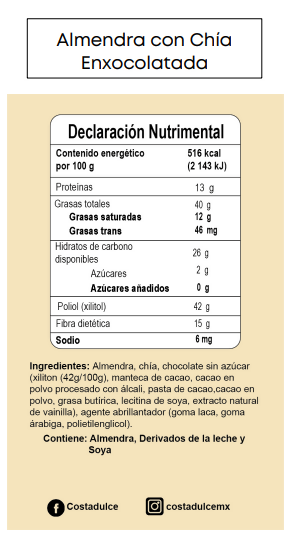 Almendra con Chía cubierta de Chocolate - Sin Azúcar 100g