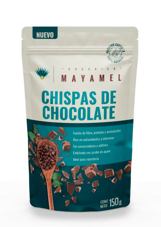 Bolsa de Chispas de Chocolate de 70% Cacao Chiapaneco y endulzado con Jarabe de Agave orgánico. Caja de 20 pzas 150g