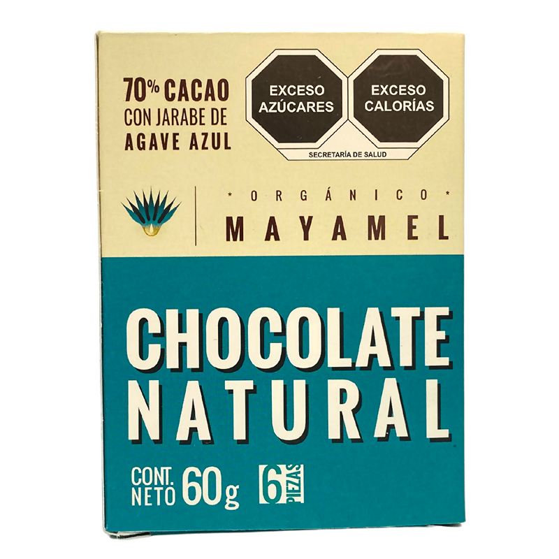 Chocolate Artesanal natural 70% Cacao endulzado con jarabe de agave. Sin Gluten, sin azúcar, sin conservadores ni lácteos.