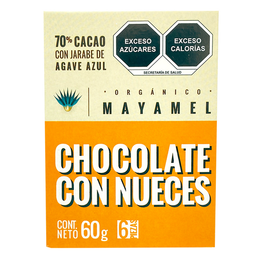 Chocolate Artesanal con nueces 70% Cacao endulzado con jarabe de agave, con nuez. Sin Gluten, sin azúcar, sin conservadores ni lácteos.