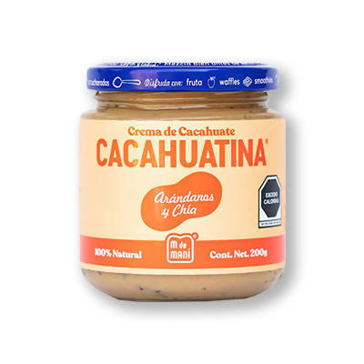 Cacahuatina Arándanos y Chía. marca M de Maní. Crema de Cacahuate 100% natural. Frasco 200 gr